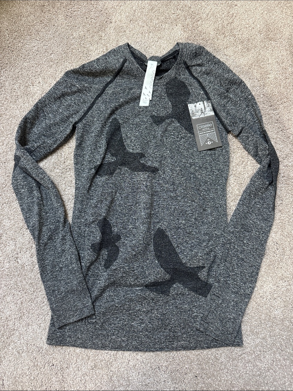 NWT Oiselle black Flyte long sleeve athletic running shirt tee size xs birds